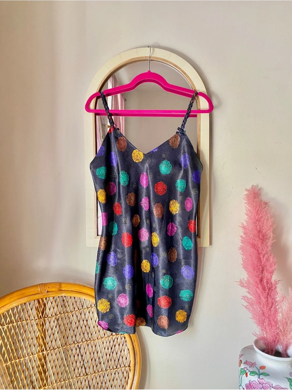 Vintage 80s 90s Black Slip Dress Chemise with Rainbow Abstract Floral Print - Picture 3 of 6